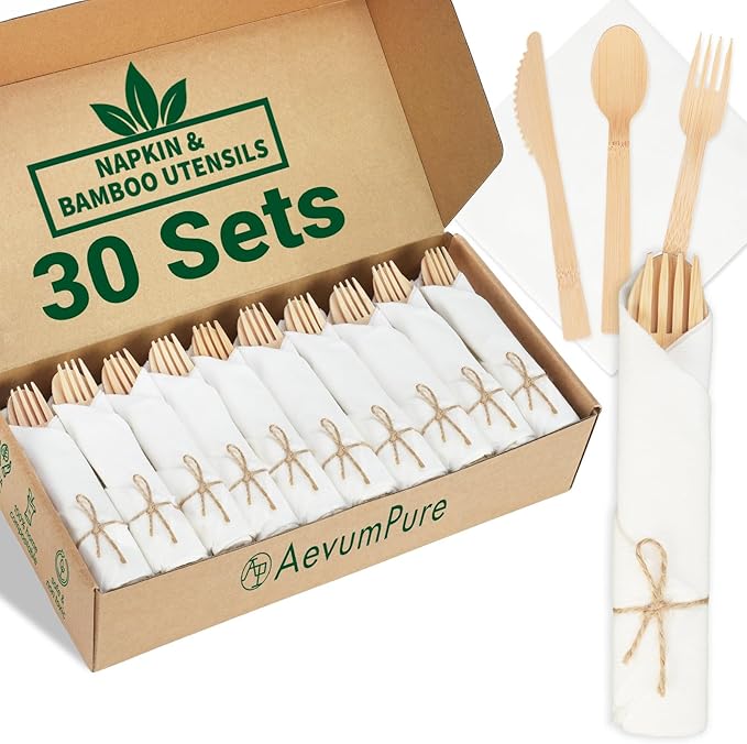 AevumPure 30 Sets Bamboo Cutlery With Pre-Rolled Napkin Set-Disposable Wrapped Bamboo Utensils 120Pcs (30Compostable Napkins,30Forks,30Spoons,30Knives)-Wooden Silverware/Wrapped Plastic Tableware by Unknown