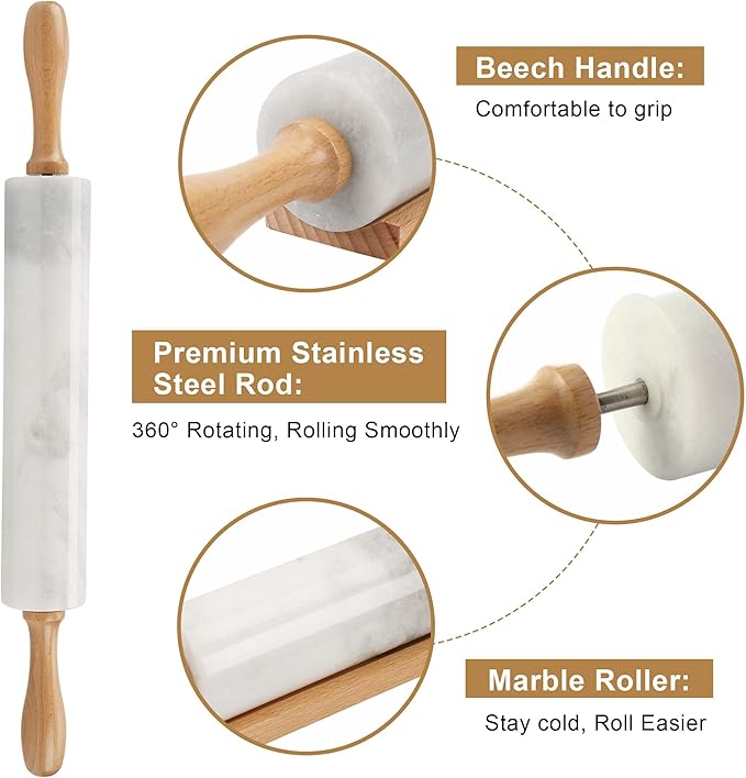 Koville African Natural Marble Rolling Pin, Non-Stick Polished Dough Roller, Pasta, Dumpling, Fondant, Pie Crust, Bread, Pizza Dough, Kitchen Baking Pastry Tools with Mat/Scraper（Namib Fantasy） - Image 4