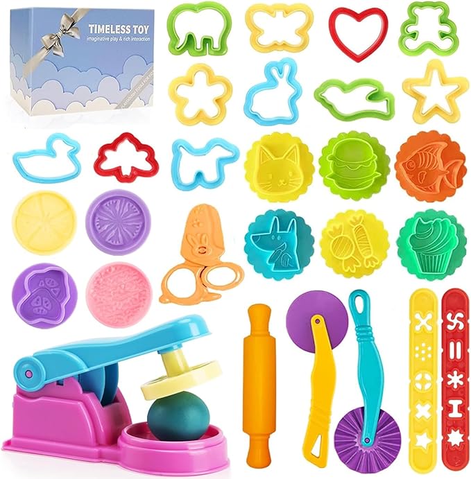 Dough Tools Play for Kids- Toy Accessories Include Stamps Cutter Scissor Roller Extruder Molds and Storage Box Party Favors Set for Age 2-8