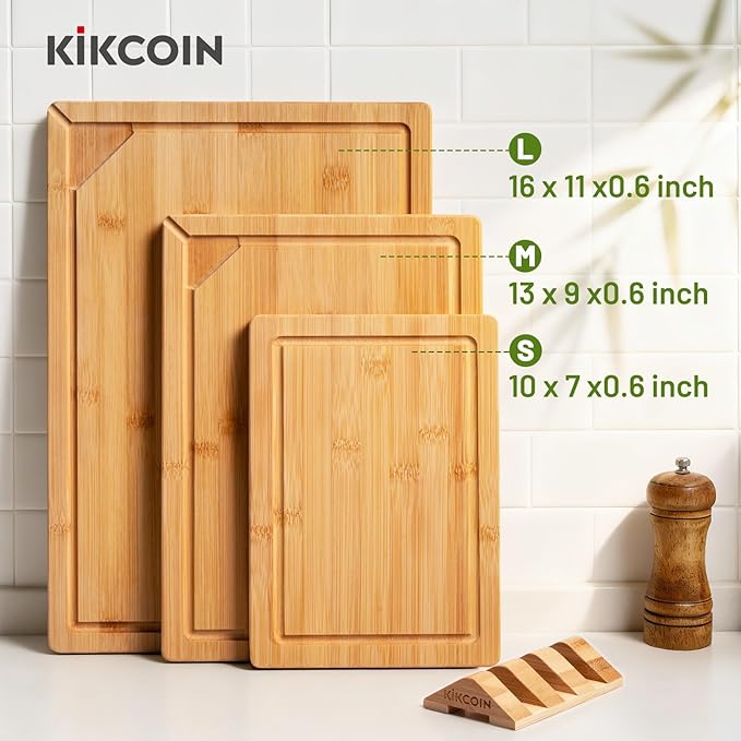 Kikcoin Over Sink Bamboo Cutting Boards for Kitchen - 3+1 Piece Self-Draining Healthy Wood Cutting Board Set with Built in Handle& Spout, Charcuterie& Meat Extra Large Butcher Chopping Boards, Natural - Image 3