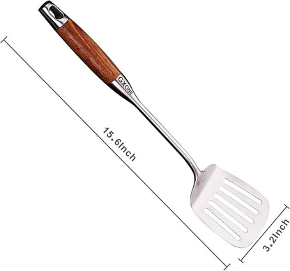Metal Spatula,304 Stainless Steel Wok Spatula with Heat Resistant Wooden Handle,Silver/15.7Inch - Image 2