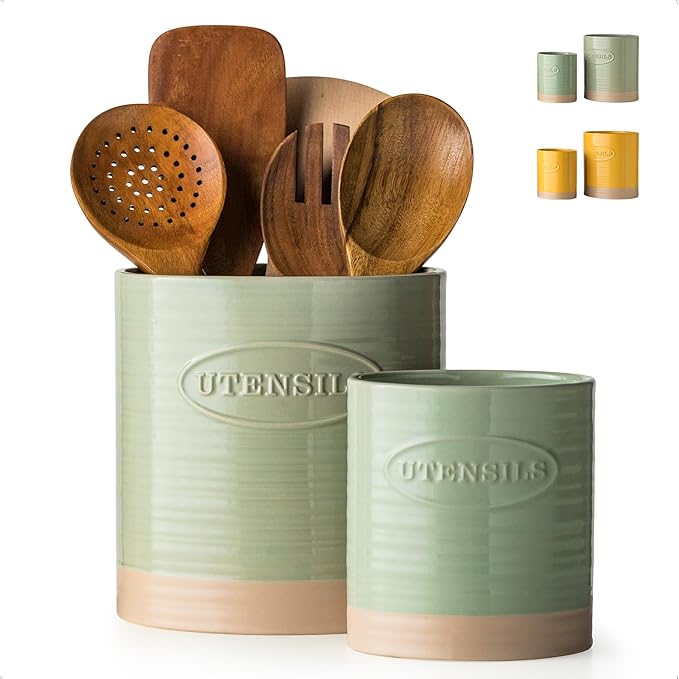 YHOSSEUN Kitchen Utensil Holder, 6.7"+5.1" Ceramic Utensil Holder for Kitchen Counter, Oval Cooking Utensil Crocks for Countertop, Utensil Storage Organizer Set of 2, Green by YHOSSEUN