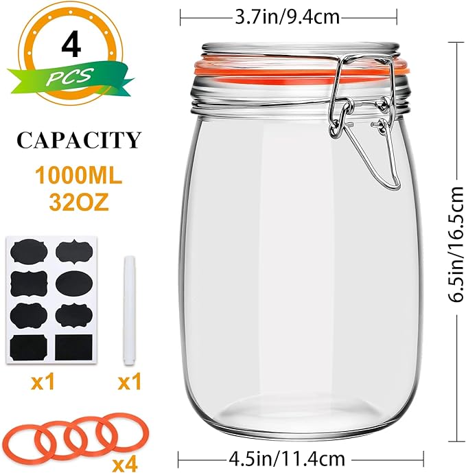 32 oz Wide Mouth Mason Jars with Airtight Hinged Lids, Large Glass Jar with Lid for Pickling, Fermentation, Canning, Food Storage – Set of 4 Glass Storage Containers - Image 2