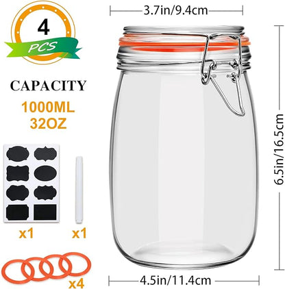 32 oz Wide Mouth Mason Jars with Airtight Hinged Lids, Large Glass Jar with Lid for Pickling, Fermentation, Canning, Food Storage – Set of 4 Glass Storage Containers - Image 2