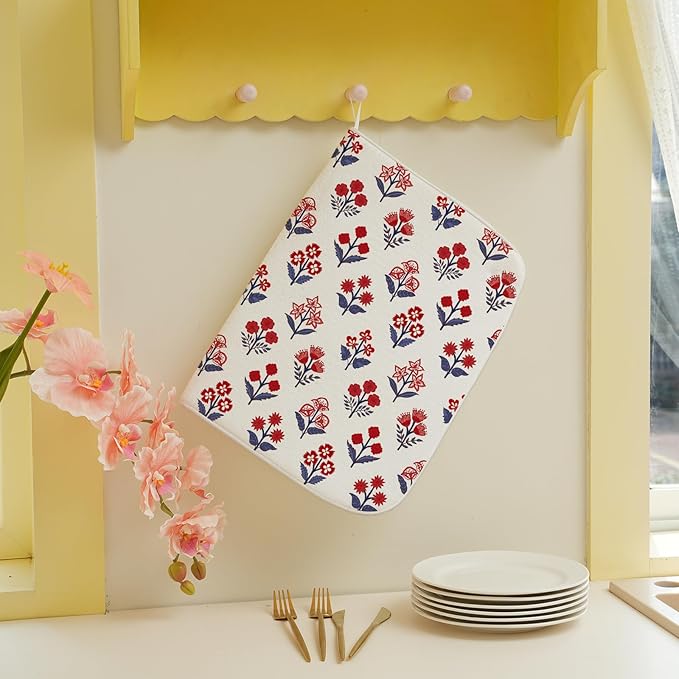 Red Blue Dish Drying Mat 18x24 Inch Vintage Boho Block Print Floral Drying Mat 4th of July Patriotic Flower Seasonal Absorbent Dish Drying Pad Dish Rack Drainer Mats for Kitchen Dining Counter