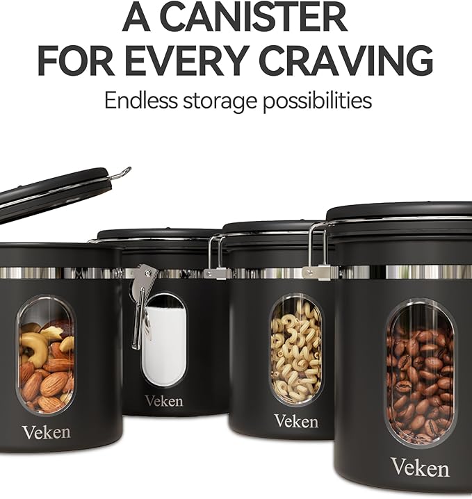 Veken Coffee Canister with Window, Airtight Stainless Steel Kitchen Food Storage Container with Lids, Date Tracker and Scoop for Grounds Coffee, Beans, Tea, Flour, Cereal, Sugar Jars, 16OZ, Black - Image 8