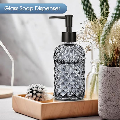 Topsky Gem Glass Soap Dispenser with Black Plastic Pump, 13oz Liquid Hand Soap Dispenser, Rustproof Pump for Kitchen & Bathroom, Great for Lotions, Essential Oil, Liquid Soaps-Gray - Image 2