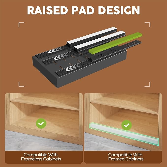 Seinloes 2 Pack Expandable (9"-14") Pull Out Cabinet Organizer 21" Deep With Raising Pad for Framed Cabinets,Upgrade 3 Slide Rails Slide Out Drawers,No Drill Roll Out Shelves Adhesive,Black - Image 2