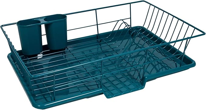 Sweet Home Collection Space-Saving 3-Piece Dish Drainer Rack Set: Efficient Kitchen Organizer for Quick Drying and Storage - Includes Cutlery Holder and Drainboard - Maximize Countertop Space, Teal by SweetHomeCollection