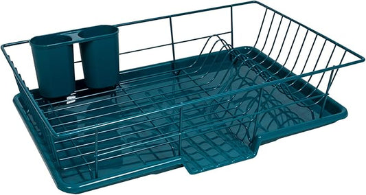 Sweet Home Collection Space-Saving 3-Piece Dish Drainer Rack Set: Efficient Kitchen Organizer for Quick Drying and Storage - Includes Cutlery Holder and Drainboard - Maximize Countertop Space, Teal by SweetHomeCollection