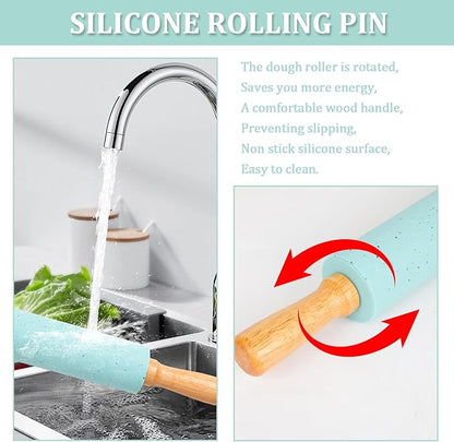 3Pcs Silicone Rolling Pin for Baking Sets,15Inch Pastry Dough Roller with Wooden Handle Silicone Mat and Brush, Non Stick Surface Rolling Pins for Dough Cookie Baking Kitchen Accessories(Green)