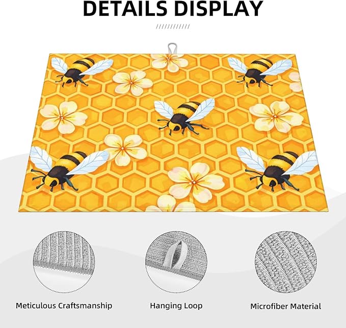 Bee Dish Drying Mat For Kitchen Counter Absorbent Large Kitchen Fast Dry Pad Reusable Washable Protector Rack Large Mat 18 X 24