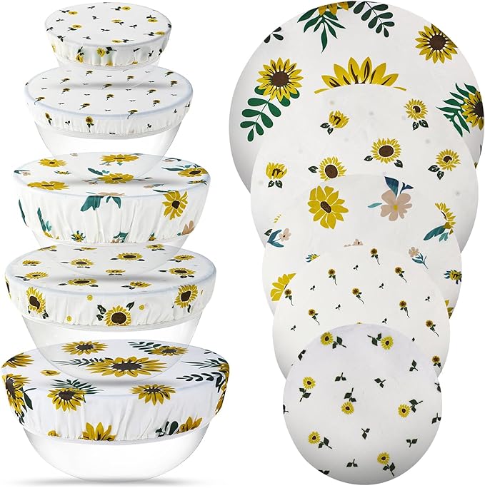 Tirphy 5-Size Reusable Bowl Covers for Bread Proofing - Beeswax Bowl Covers Reusable 4/6/8/10/12 Inch - Elastic Cotton Cloth Sourdough Cover - Shower Caps for Sourdough Bread (Flower style)