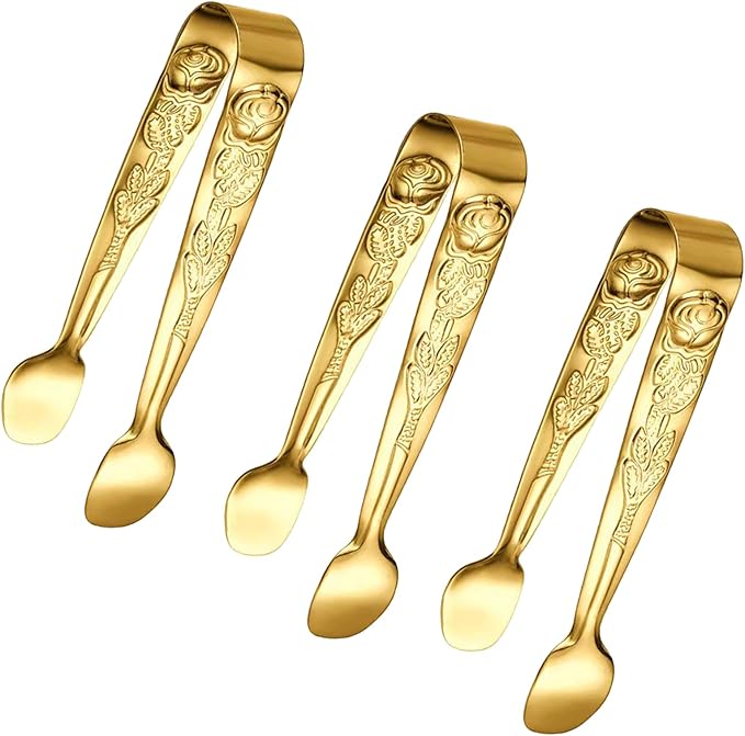 3PCS Mini Serving Tongs, 4Inch Rose Stainless Steel Sugar Cube Tongs, Sliver Small Ice Tong for Tea and Coffee Party, Appetizers, Desserts by Sunenlyst (Gold) by Sunenlyst