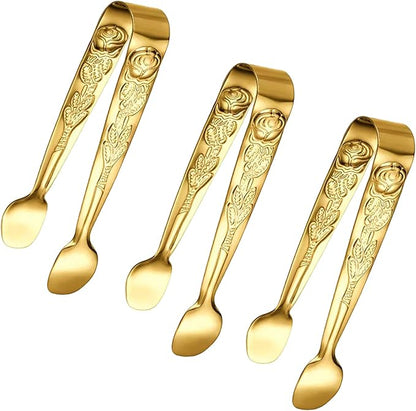 3PCS Mini Serving Tongs, 4Inch Rose Stainless Steel Sugar Cube Tongs, Sliver Small Ice Tong for Tea and Coffee Party, Appetizers, Desserts by Sunenlyst (Gold) by Sunenlyst