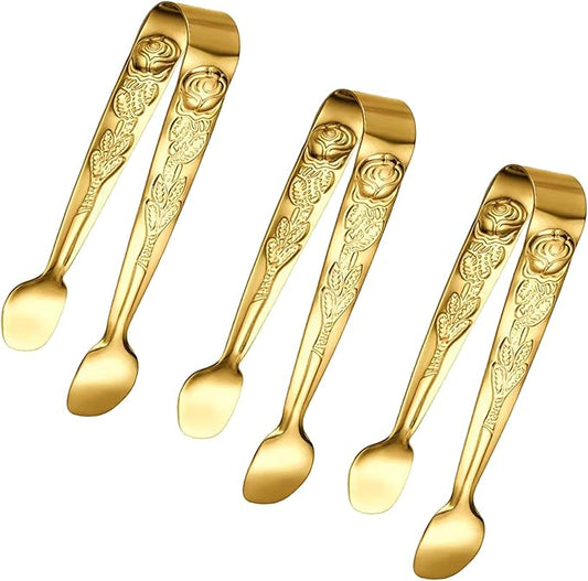 3PCS Mini Serving Tongs, 4Inch Rose Stainless Steel Sugar Cube Tongs, Sliver Small Ice Tong for Tea and Coffee Party, Appetizers, Desserts by Sunenlyst (Gold) by Sunenlyst