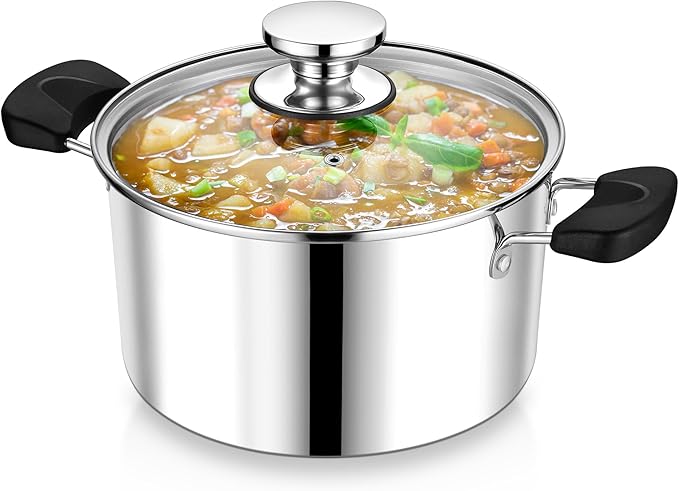 5 Quart 3-Ply Cooking Stock Pot with Lid, P&P CHEF Stainless Steel Large Pot for Pasta Soup, Work on Multi Stove, Heavy Duty & Dishwasher Safe, Dual Heat-resistant Handles & Transparent Glass Lid by PPCHEF