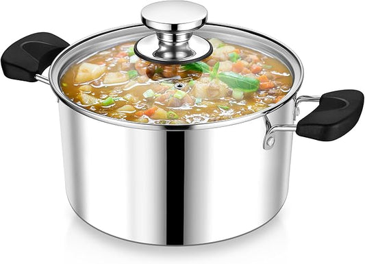 5 Quart 3-Ply Cooking Stock Pot with Lid, P&P CHEF Stainless Steel Large Pot for Pasta Soup, Work on Multi Stove, Heavy Duty & Dishwasher Safe, Dual Heat-resistant Handles & Transparent Glass Lid by PPCHEF