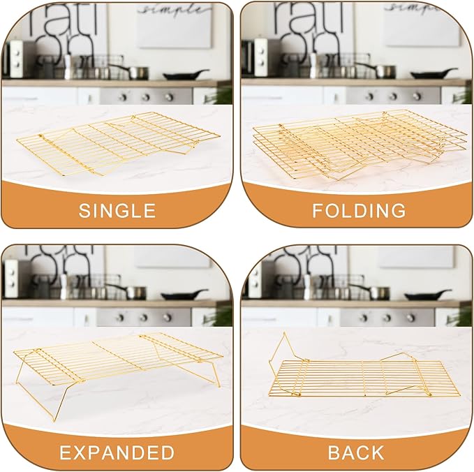 Cooling Rack for Baking 3 Tiers, 16" x 10" Cookie Cooling Wire Rack Stackable Collapsible Nonstick, Stainless Steel Baking Cooking Cooling Racks with Optimum Air Flow, Gold - Image 4