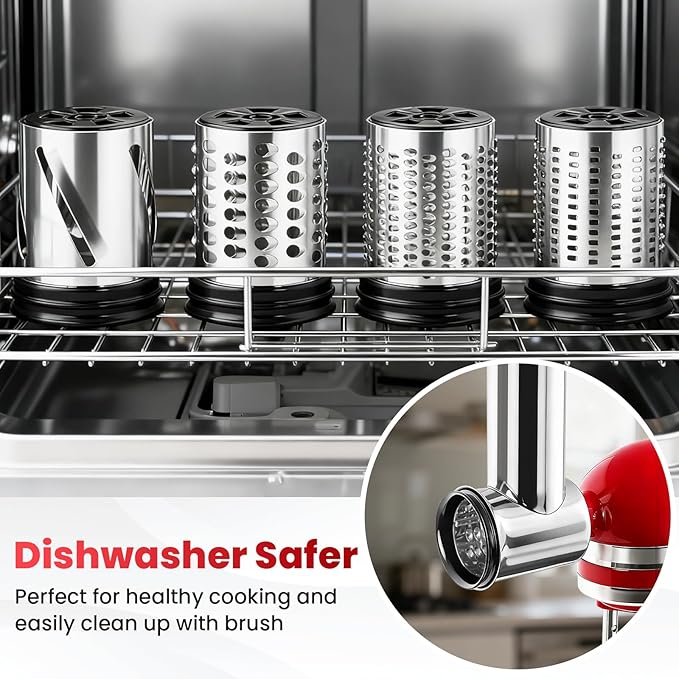 KITOART Stainless Steel Slicer Shredder & Cheese Grater Attachment for Kitchenaid Stand Mixer - Included Salad Maker, Grinding Powder, Dishwasher Safe with 4 Blades