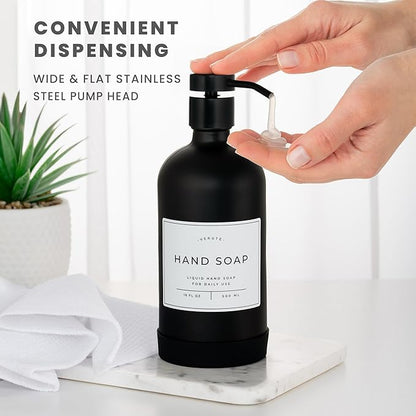 Hand and Dish Soap Dispenser for Kitchen and Bathroom, Set of 2 16 Oz Glass Bottles, Stainless Steel Pumps, Non-Slip Silicone Base, 27 Waterproof Labels (Matte Black Bottle/Black Pump) - Image 4