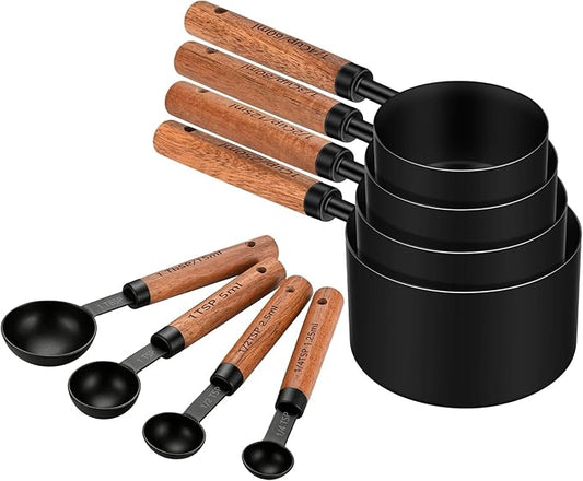 Stainless Steel Measuring Cups and Spoons Set of 8, Stackable Wooden Handle Metal Measuring Cup & Spoon Set with Metric & US Measurements, Rustic Farmhouse Kitchen Gadgets for Dry & Liquid Ingredients