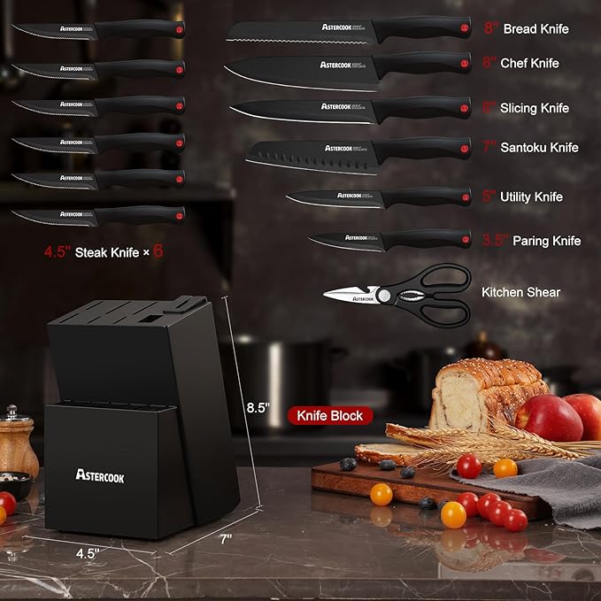 Knife Set, Astercook 15 Pieces Knife Sets for Kitchen with Block, Dishwasher Safe Kitchen Knife Set with Built in Sharpener Block, German Stainless Steel Knife Block Set, Mothers Day Gifts for Women - Image 3