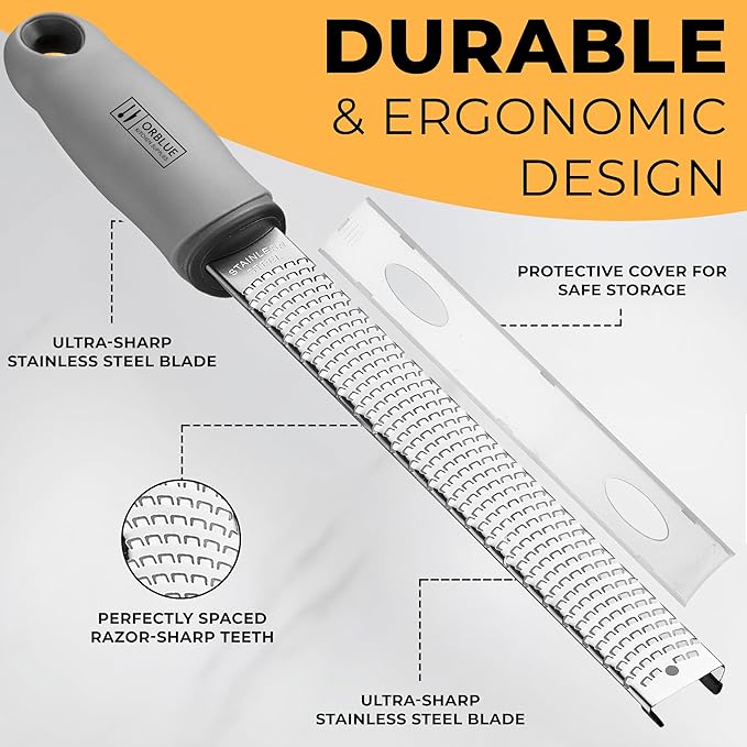 Orblue Lemon Zester & Cheese Grater - Premium Citrus Zester, Kitchen Grater for Parmesan, Chocolate, Fruits, Vegetables, Ginger, Garlic, Nutmeg - Stainless Steel Blades with Protective Cover, Gray - Image 4