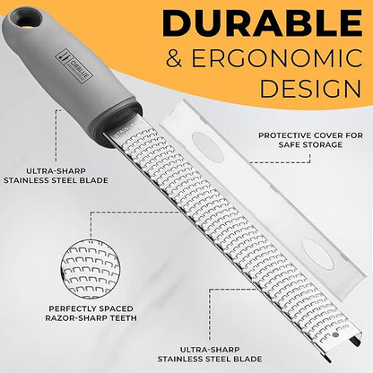 Orblue Lemon Zester & Cheese Grater - Premium Citrus Zester, Kitchen Grater for Parmesan, Chocolate, Fruits, Vegetables, Ginger, Garlic, Nutmeg - Stainless Steel Blades with Protective Cover, Gray - Image 4