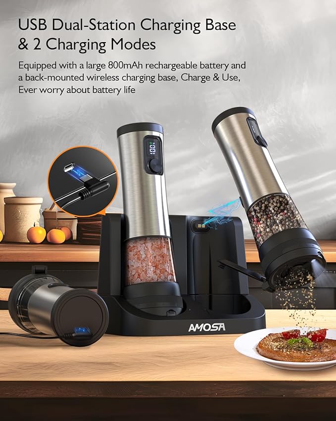 Electric Salt and Pepper Grinder Set, Upgraded 2-Speed Setting, External 5 Adjustable Coarseness, Battery Display Rechargeable Base, Stainless Steel Automatic Salt & Pepper Shakers Mill with LED Light - Image 5