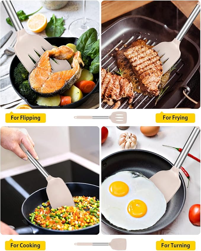 Pack of 2 Silicone Solid Turner, Non Stick Slotted Kitchen Spatulas, High Heat Resistant BPA Free Cooking Utensils, Ideal Cookware for Fish, Eggs, Pancakes(Stainless Steel Khaki) - Image 3