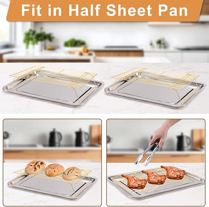 Cooling Rack for Baking 3 Tiers, 16" x 10" Cookie Cooling Wire Rack Stackable Collapsible Nonstick, Stainless Steel Baking Cooking Cooling Racks with Optimum Air Flow, Gold - Image 3