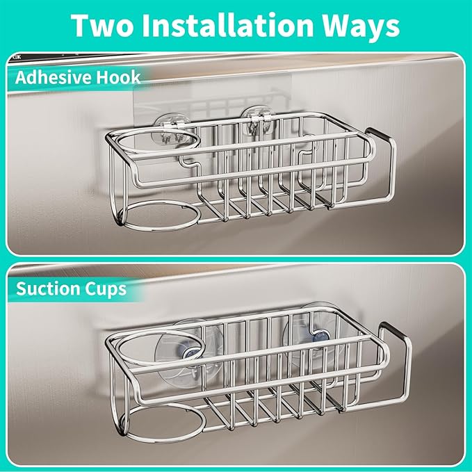 HapiRm 4 in 1 Sink Caddy Sponge Holder, SUS304 Stainless Steel Kitchen Brush Holder and Dish Cloth Hanger, Kitchen Organizers and Storage Essentials - Silver - Image 3