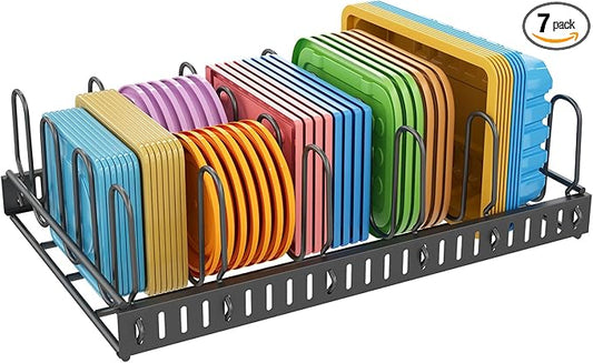 X-cosrack Metal Food Container Lid Organizer&Adjustable 6 Dividers Storage Container Lid Holder Rack for Cabinets, Cupboards, Pantry Shelves, Drawers to Keep Kitchen Tidy,Black(Patent Pending)
