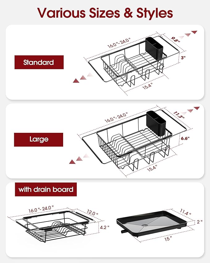 Sakugi Dish Drying Rack in Sink - Expandable Stainless Steel Dish Rack Over The Sink, Kitchen Sink Drain Strainer with Cutlery Holder & Cup Holders, 15.2 x 10.0 x 4.2 Inch, Black - Image 3