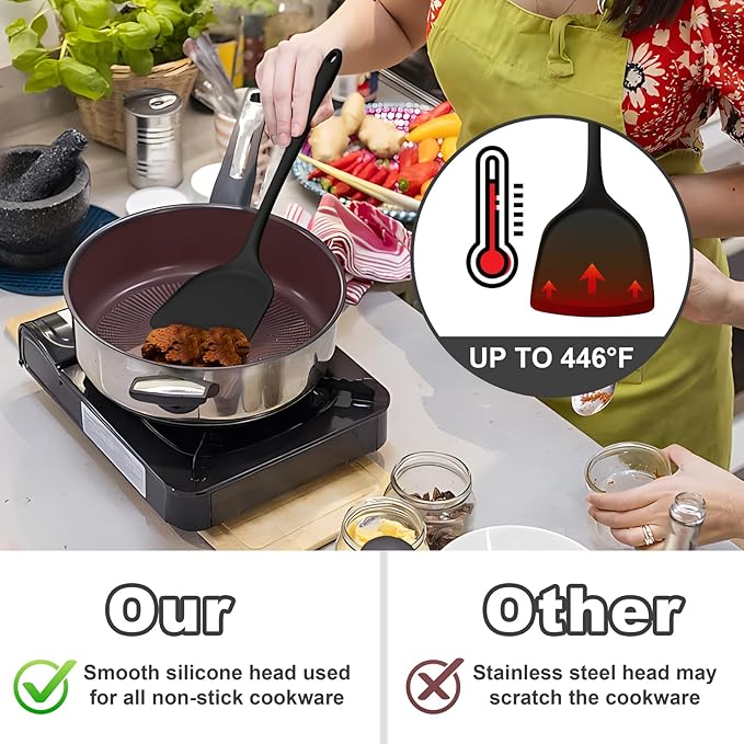 TeamFar Silicone Cooking Utensils, 4pcs Kitchen Utensils Set with Silicone Spatulas & Spoons, Heat-Resistant Solid & Slotted Cooking Spoons Turners for Non-stick Cookware, Dishwasher Safe, Black - Image 3