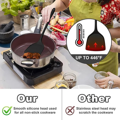 TeamFar Silicone Cooking Utensils Set, 5-Piece Heat Resistant Kitchen Utensils Set, Nonstick Slotted Solid Spoon Turner Pasta Server for Frying, Serving, Mixing, Non-Toxic & Dishwasher Safe, Black - Image 4