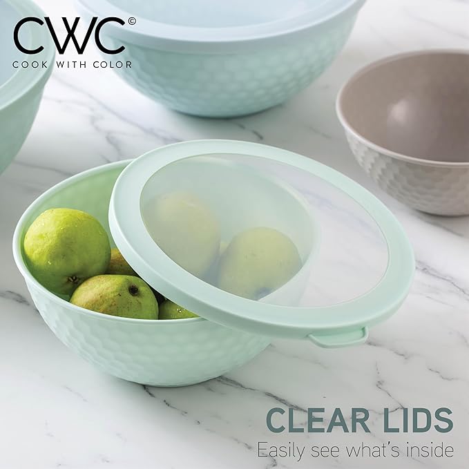 COOK WITH COLOR Mixing Bowls with Lids - 12 Piece Plastic Nesting Bowls Set includes 6 Prep Bowls and 6 Lids, Microwave Safe Mixing Bowl Set, Mint Embossed - Image 6