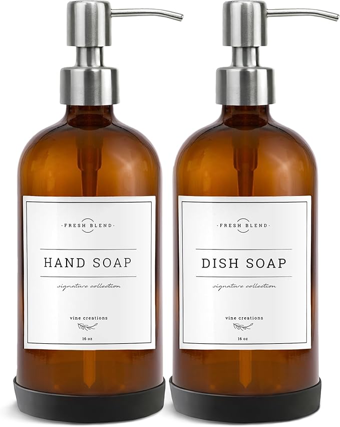 Vine Creations Amber Glass Soap Dispenser, 2 Pack Kitchen Soap Dispenser Set with Stainless Steel Pump, 16 oz Hand Soap or Dish Soap for Bathroom or Kitchen with Waterproof Labels by VineCreations