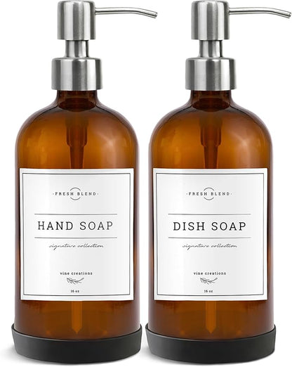 Vine Creations Amber Glass Soap Dispenser, 2 Pack Kitchen Soap Dispenser Set with Stainless Steel Pump, 16 oz Hand Soap or Dish Soap for Bathroom or Kitchen with Waterproof Labels by VineCreations