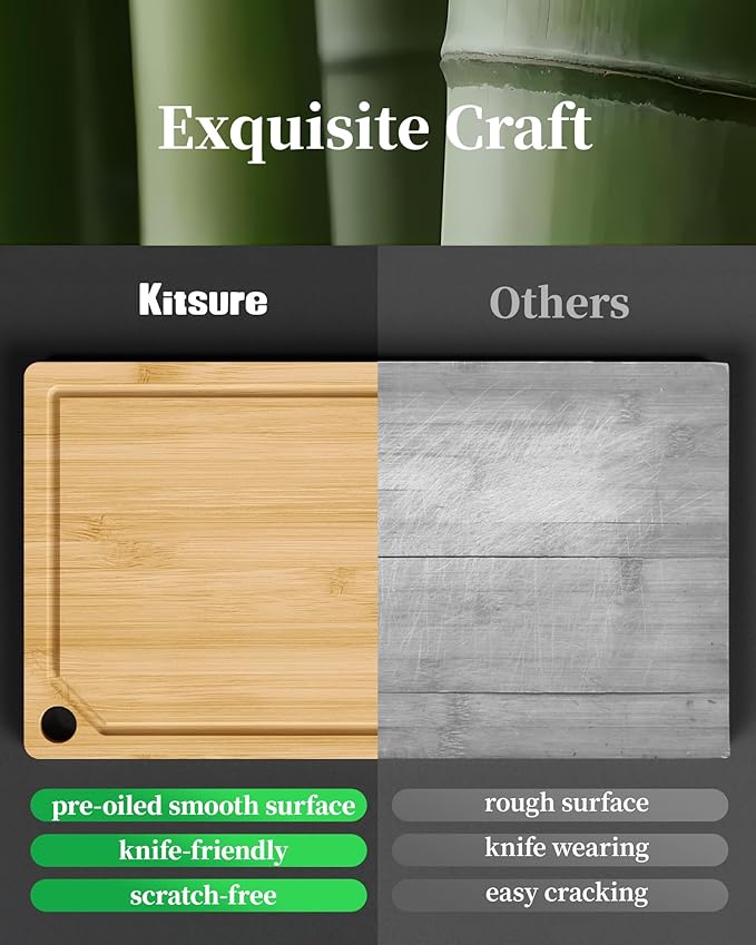 Kitchen Cutting Board Set - 3-Piece Wooden Cutting Boards for Kitchen with Juice Groove, Handles, Hang Holes, Stylish Kitchen Essentials for Chpping & Serving, Natural, 0.4"Th - (L+M+S) - Image 6