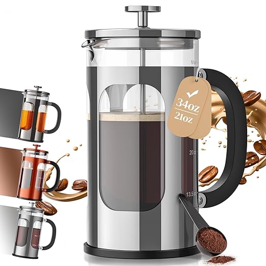 Veken French Press Coffee Maker 34oz 1 L, No Plastic Touching Cafe, Heat Resistant Thickened Borosilicate Glass, Stainless Steel Brewer, Cold Brew Cafetera Teapot for Kitchen Travel Camping, Silver by Veken