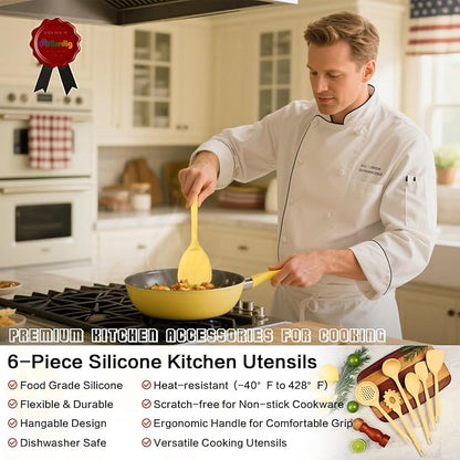 Silicone Kitchen Cooking Utensils Set of 6, Non-Stick Food Grade Silicone Cooking Utensils Set, Heat Resistant, Non-Toxic, Ergonomic Designed, Dishwasher Safe Kitchen Utensils for Nonstick Cookware