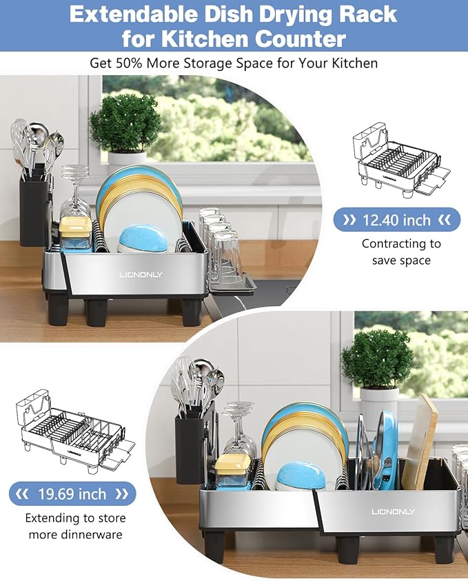 Dish Drying Rack, 304 Stainless Steel Exendable Dish Rack with Adjustable Drain Spout, Large Capacity Dish Drainer with Utensil Holder, Cup Holder and Cutting Board Rack for Kitchen Counter, Black - Image 4