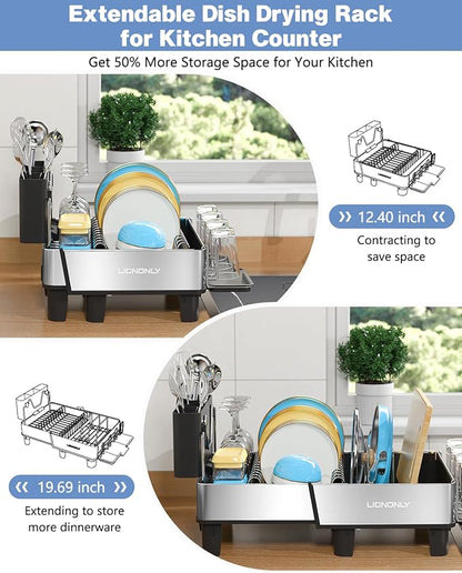 Dish Drying Rack, 304 Stainless Steel Exendable Dish Rack with Adjustable Drain Spout, Large Capacity Dish Drainer with Utensil Holder, Cup Holder and Cutting Board Rack for Kitchen Counter, Black - Image 4