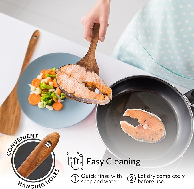 Zulay Kitchen Extra-Large 5-Piece Wooden Spoon Set - Smooth Teak Cooking Utensils - Comfort-Grip Non-Stick Turner, Spatula, Skimmer, Fork, Serving Spoon - Image 6