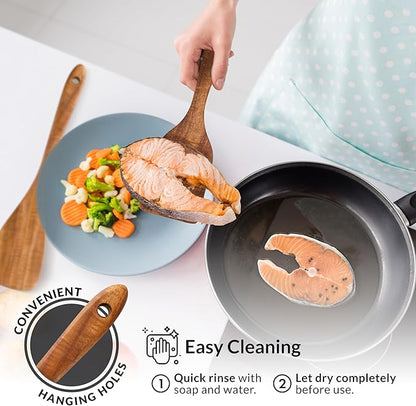 Zulay Kitchen Extra-Large 5-Piece Wooden Spoon Set - Smooth Teak Cooking Utensils - Comfort-Grip Non-Stick Turner, Spatula, Skimmer, Fork, Serving Spoon - Image 6