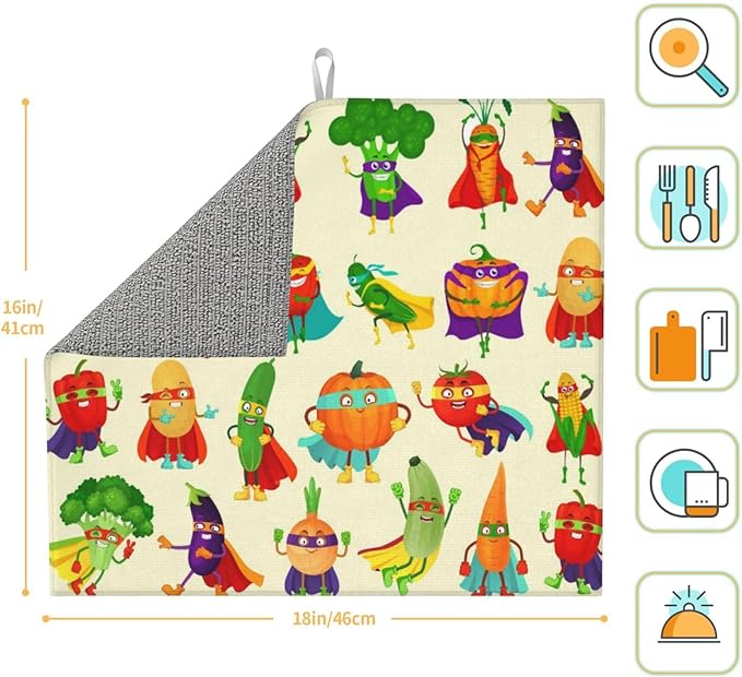 Vegetable Superhero Cartoon Dish Drying Mats for Kitchen Counter, Absorbent Microfiber Cute Drying Pad for Dishes, Decorative Kids Kitchen Mat for Sink, Dishes Utensils, Dining Area, 16" x 18"