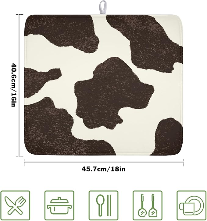 Milk Cow Drying Mat 18x16 Inch, Brown White Cowhide Drying Mat with Absorbent Reversible Microfiber, Cattle Fur Farmhouse Dish Drainer Mats Summer Rack Pad for Coffee Countertop Kitchen Protector