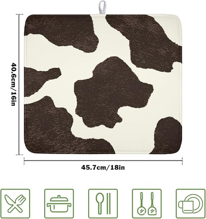 Milk Cow Drying Mat 18x16 Inch, Brown White Cowhide Drying Mat with Absorbent Reversible Microfiber, Cattle Fur Farmhouse Dish Drainer Mats Summer Rack Pad for Coffee Countertop Kitchen Protector